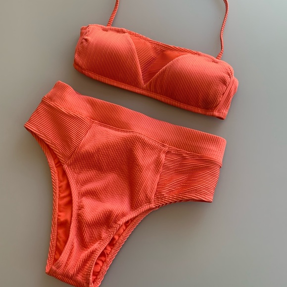NWOT Bikini Lab Two-Piece High Waisted Ribbed Bikini in Hot Coral | Medium - Picture 3 of 6